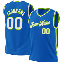 Load image into Gallery viewer, Custom Blue White-Neon Green Authentic Throwback Basketball Jersey
