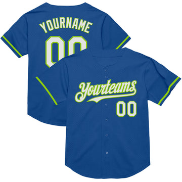 Custom Blue White-Neon Green Mesh Authentic Throwback Baseball Jersey