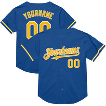 Load image into Gallery viewer, Custom Blue Gold-White Mesh Authentic Throwback Baseball Jersey
