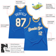Load image into Gallery viewer, Custom Blue White-Old Gold Authentic Throwback Basketball Jersey
