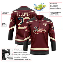 Load image into Gallery viewer, Custom Burgundy Vintage USA Flag Black-Cream Hockey Lace Neck Jersey
