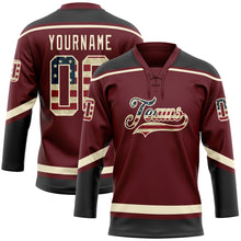 Load image into Gallery viewer, Custom Burgundy Vintage USA Flag Black-Cream Hockey Lace Neck Jersey
