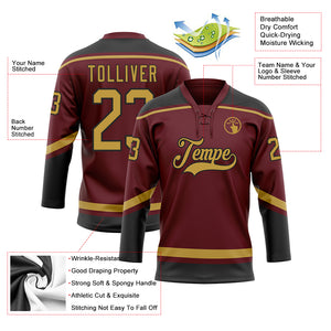 Custom Burgundy Old Gold-Black Hockey Lace Neck Jersey