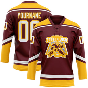 Custom Burgundy White-Gold Hockey Lace Neck Jersey