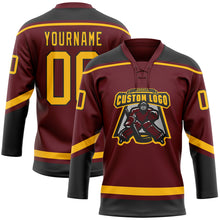 Load image into Gallery viewer, Custom Burgundy Gold-Black Hockey Lace Neck Jersey
