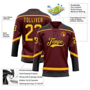 Custom Burgundy Gold-Black Hockey Lace Neck Jersey