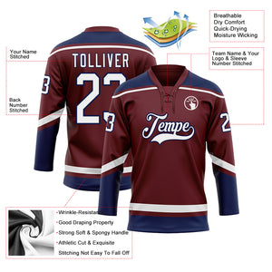 Custom Burgundy White-Navy Hockey Lace Neck Jersey