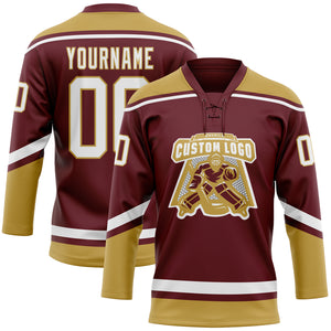 Custom Burgundy White-Old Gold Hockey Lace Neck Jersey