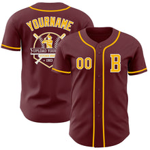 Load image into Gallery viewer, Custom Burgundy Gold-White Authentic Baseball Jersey
