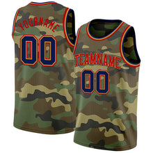 Load image into Gallery viewer, Custom Camo Navy Old Gold-Red Authentic Salute To Service Basketball Jersey
