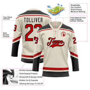 Custom Cream Red-Black Hockey Lace Neck Jersey