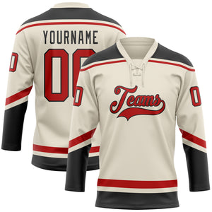 Custom Cream Red-Black Hockey Lace Neck Jersey