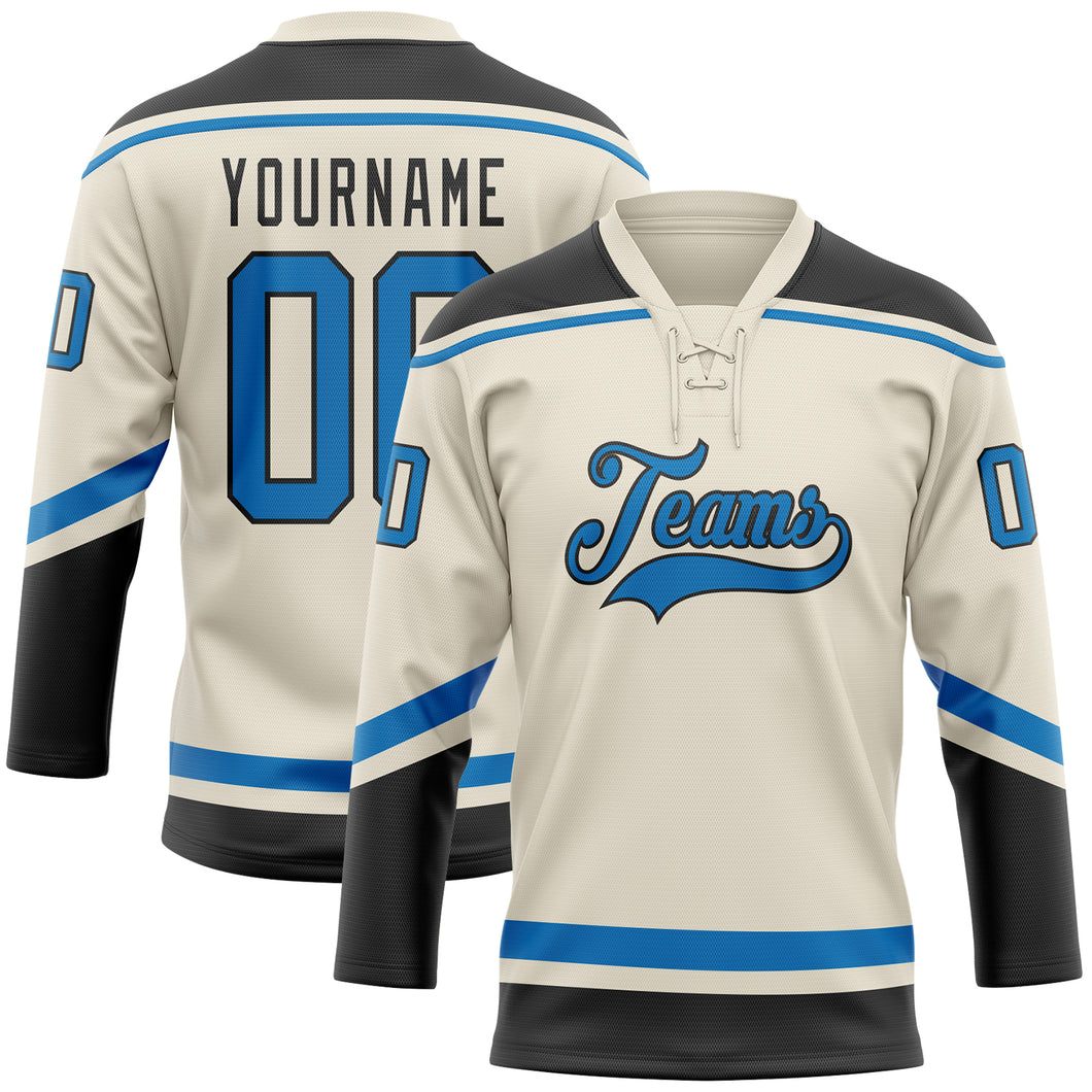 Custom Cream Blue-Black Hockey Lace Neck Jersey