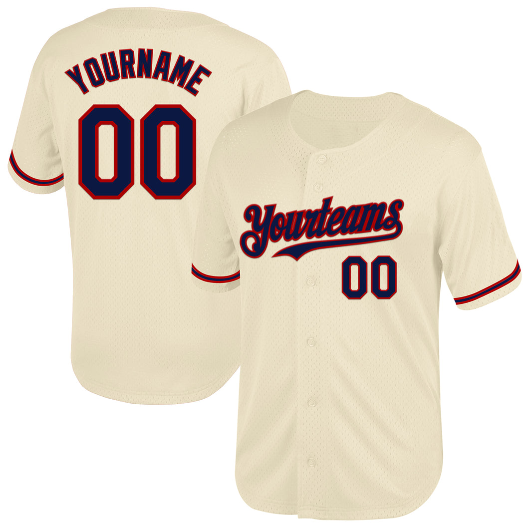 Custom Cream Navy-Red Mesh Authentic Throwback Baseball Jersey