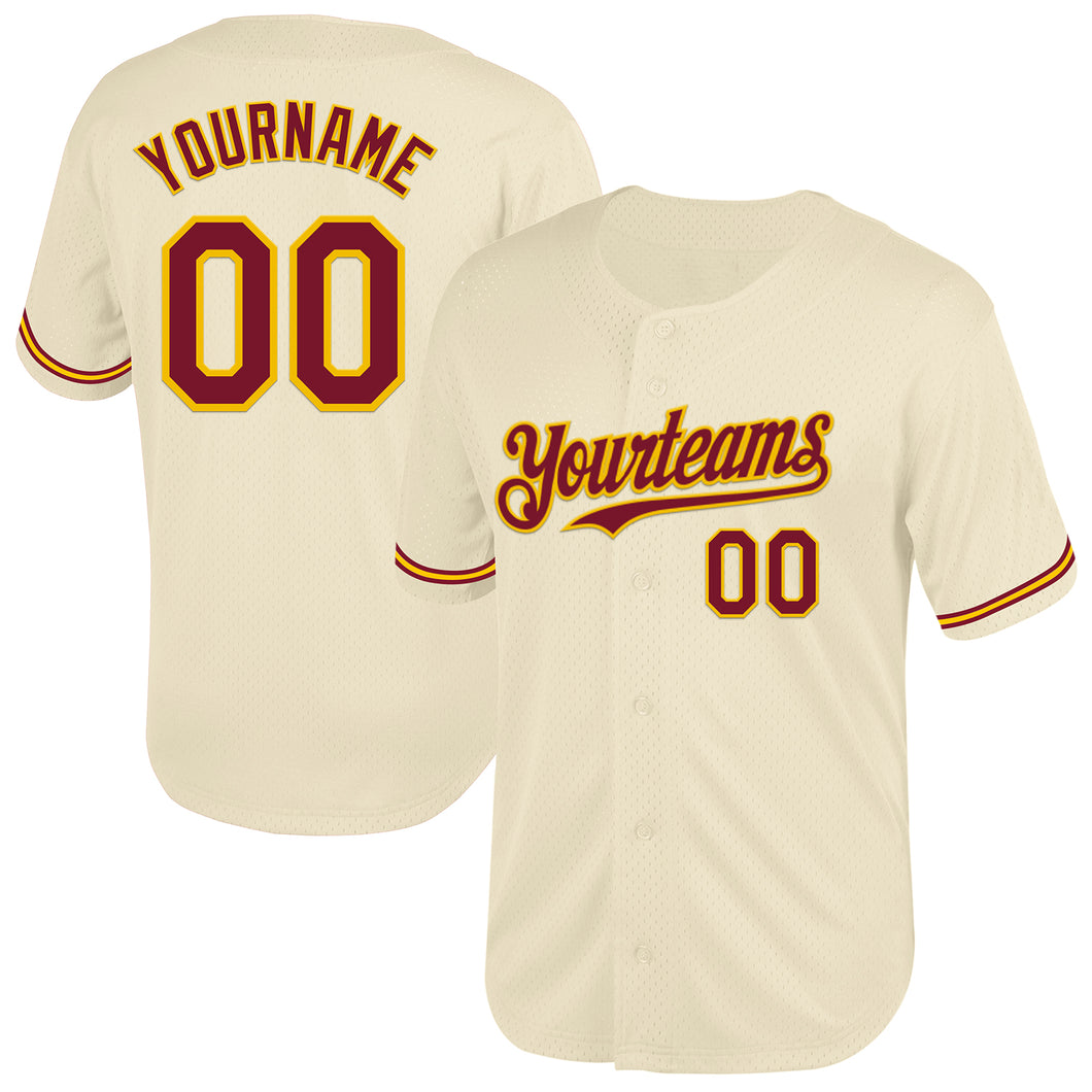 Custom Cream Crimson-Yellow Mesh Authentic Throwback Baseball Jersey