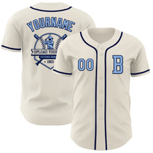 Load image into Gallery viewer, Custom Cream Light Blue-Navy Authentic Baseball Jersey
