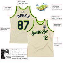 Load image into Gallery viewer, Custom Cream Navy-Neon Green Authentic Throwback Basketball Jersey
