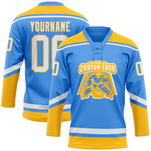 Load image into Gallery viewer, Custom Powder Blue White-Gold Hockey Lace Neck Jersey
