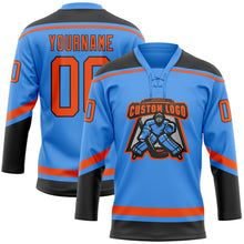 Load image into Gallery viewer, Custom Powder Blue Orange-Black Hockey Lace Neck Jersey
