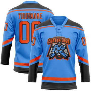 Custom Electric Blue Orange-Black Hockey Lace Neck Jersey