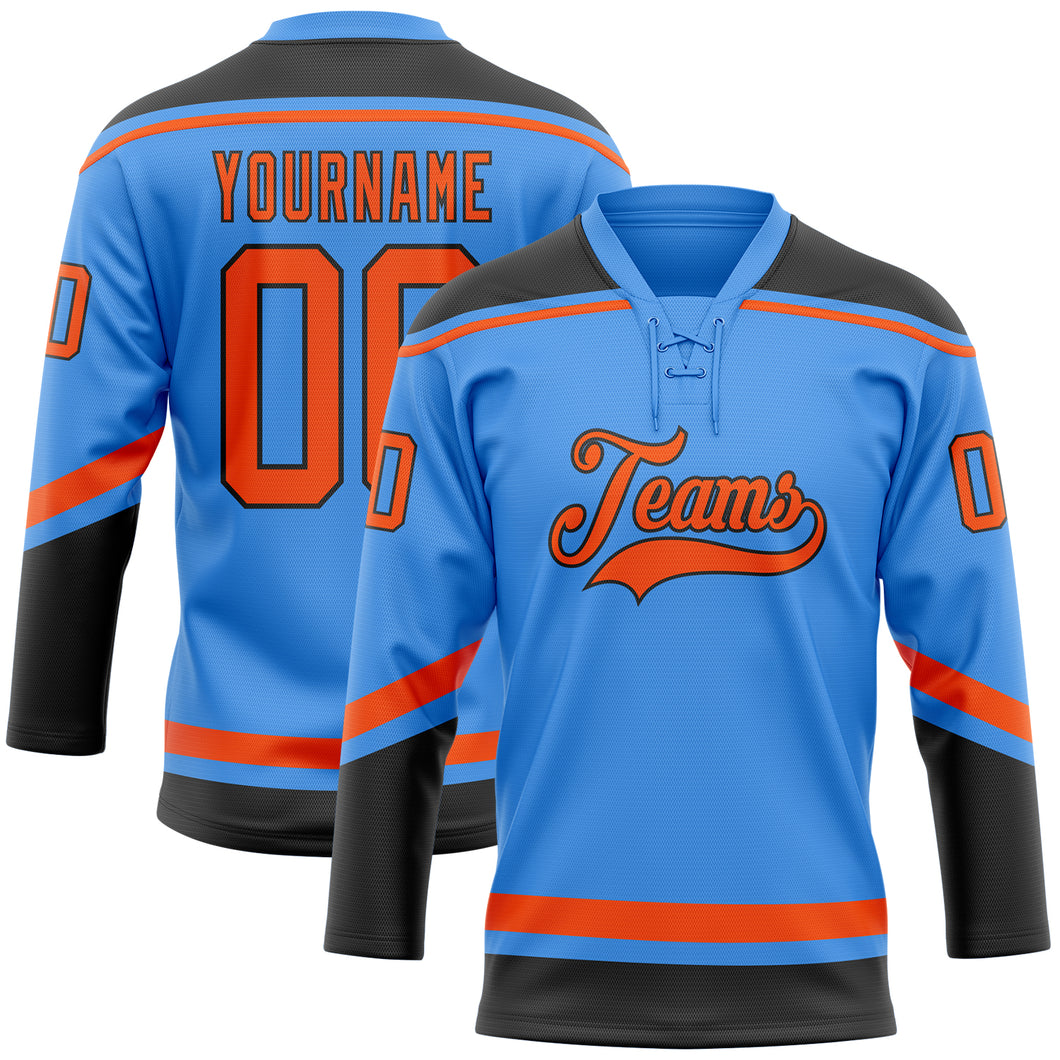 Custom Electric Blue Orange-Black Hockey Lace Neck Jersey