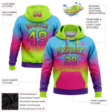 Load image into Gallery viewer, Custom Stitched Sky Blue Neon Green Hot Pink Purple-Black Fade Fashion Splash Sports Pullover Sweatshirt Hoodie
