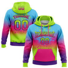 Load image into Gallery viewer, Custom Stitched Sky Blue Neon Green Hot Pink Purple-Black Fade Fashion Splash Sports Pullover Sweatshirt Hoodie
