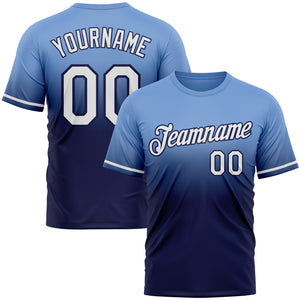 Custom Powder Blue White-Navy Fade Fashion Performance T-Shirt