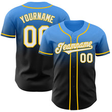 Load image into Gallery viewer, Custom Electric Blue Black-Yellow Authentic Fade Fashion Baseball Jersey
