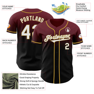Custom Burgundy Black-Old Gold Authentic Fade Fashion Baseball Jersey