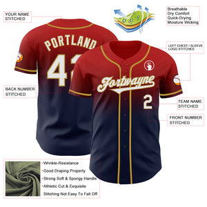 Custom Red Navy-Old Gold Authentic Fade Fashion Baseball Jersey