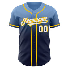 Load image into Gallery viewer, Custom Light Blue Navy-Yellow Authentic Fade Fashion Baseball Jersey
