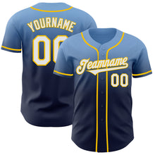 Load image into Gallery viewer, Custom Light Blue Navy-Yellow Authentic Fade Fashion Baseball Jersey
