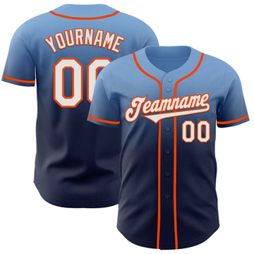 Custom Light Blue Navy-Orange Authentic Fade Fashion Baseball Jersey