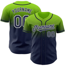 Load image into Gallery viewer, Custom Neon Green Navy-White Authentic Fade Fashion Baseball Jersey
