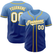 Load image into Gallery viewer, Custom Light Blue White Royal-Yellow Authentic Fade Fashion Baseball Jersey
