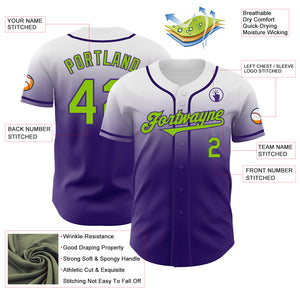 Custom White Neon Green-Purple Authentic Fade Fashion Baseball Jersey