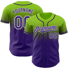 Load image into Gallery viewer, Custom Neon Green Purple-White Authentic Fade Fashion Baseball Jersey

