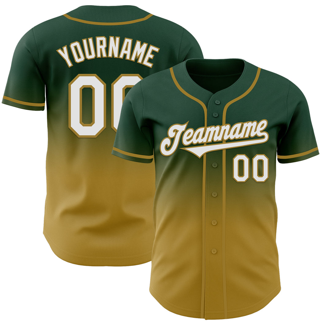 Custom Green White-Old Gold Authentic Fade Fashion Baseball Jersey