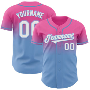Custom Pink White-Light Blue Authentic Fade Fashion Baseball Jersey
