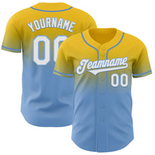 Load image into Gallery viewer, Custom Yellow White-Light Blue Authentic Fade Fashion Baseball Jersey
