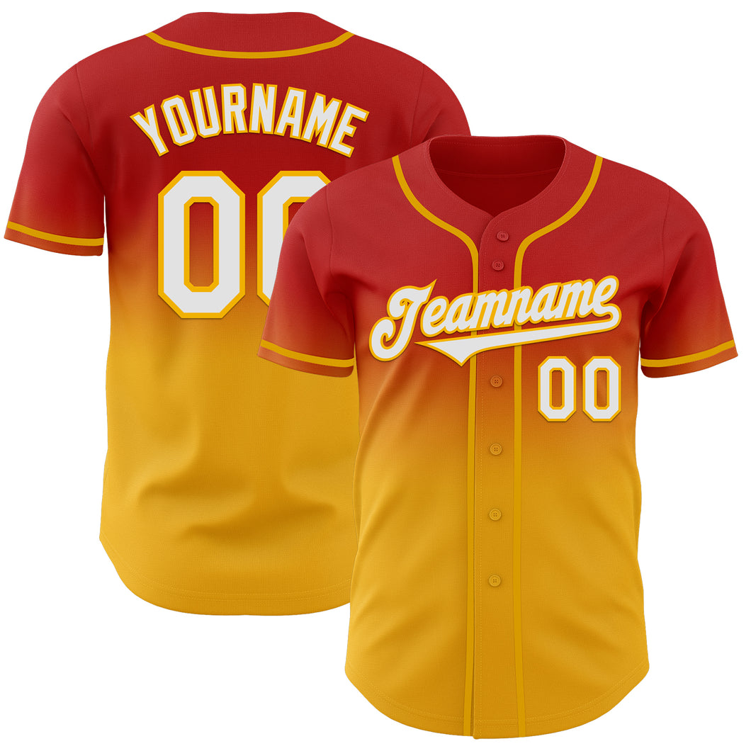 Custom Red White-Gold Authentic Fade Fashion Baseball Jersey