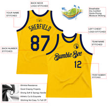 Load image into Gallery viewer, Custom Gold Navy Authentic Throwback Basketball Jersey
