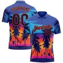 Load image into Gallery viewer, Custom Electric Blue Navy-Orange 3D Pattern Design Hawaii Palm Trees Performance Golf Polo Shirt
