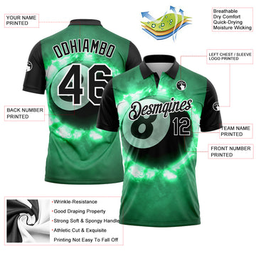 Custom Kelly Green Black-White 3D Pattern Design Flame Billiards 8 Ball Performance Polo Shirt