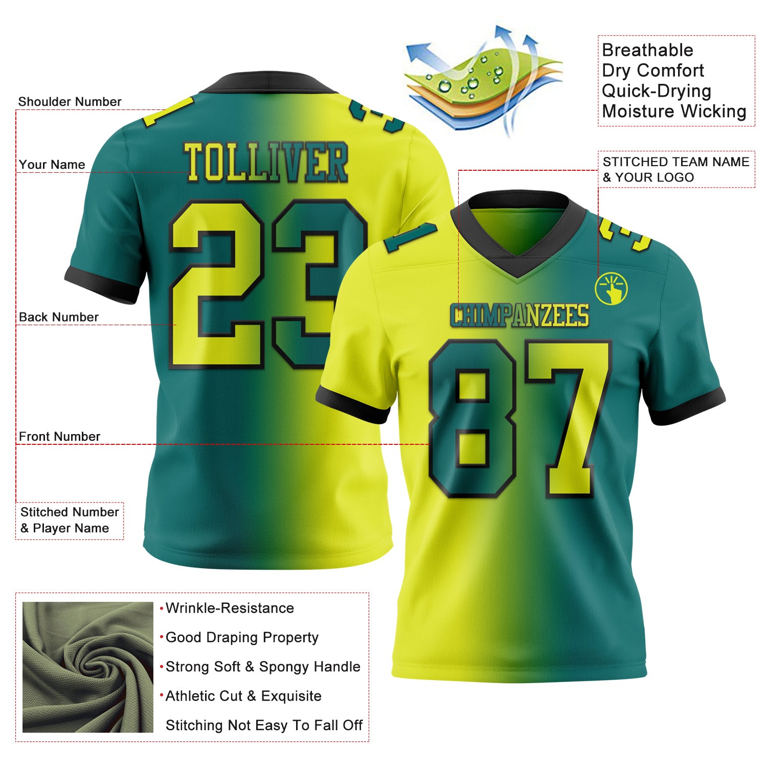 【YOURNUS】Embossed Stitch Football Jersey Custom Teal Neon Yellow-Black Mesh Authentic Gradient
