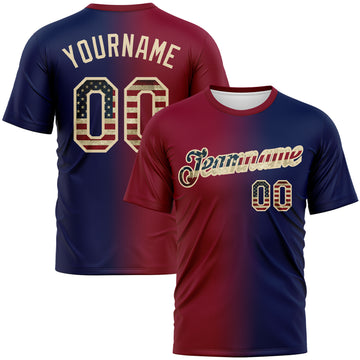 Custom Navy Vintage USA Flag Maroon-Cream Gradient Fashion Performance T-Shirt
