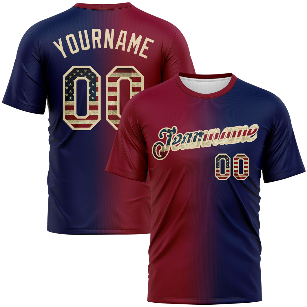 Custom Navy Vintage USA Flag Maroon-Cream Gradient Fashion Performance T-Shirt