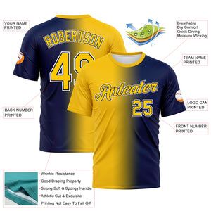 Custom Navy Yellow-White Gradient Fashion Performance T-Shirt