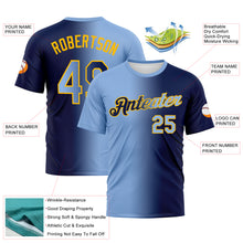 Load image into Gallery viewer, Custom Navy Light Blue-Gold Gradient Fashion Performance T-Shirt
